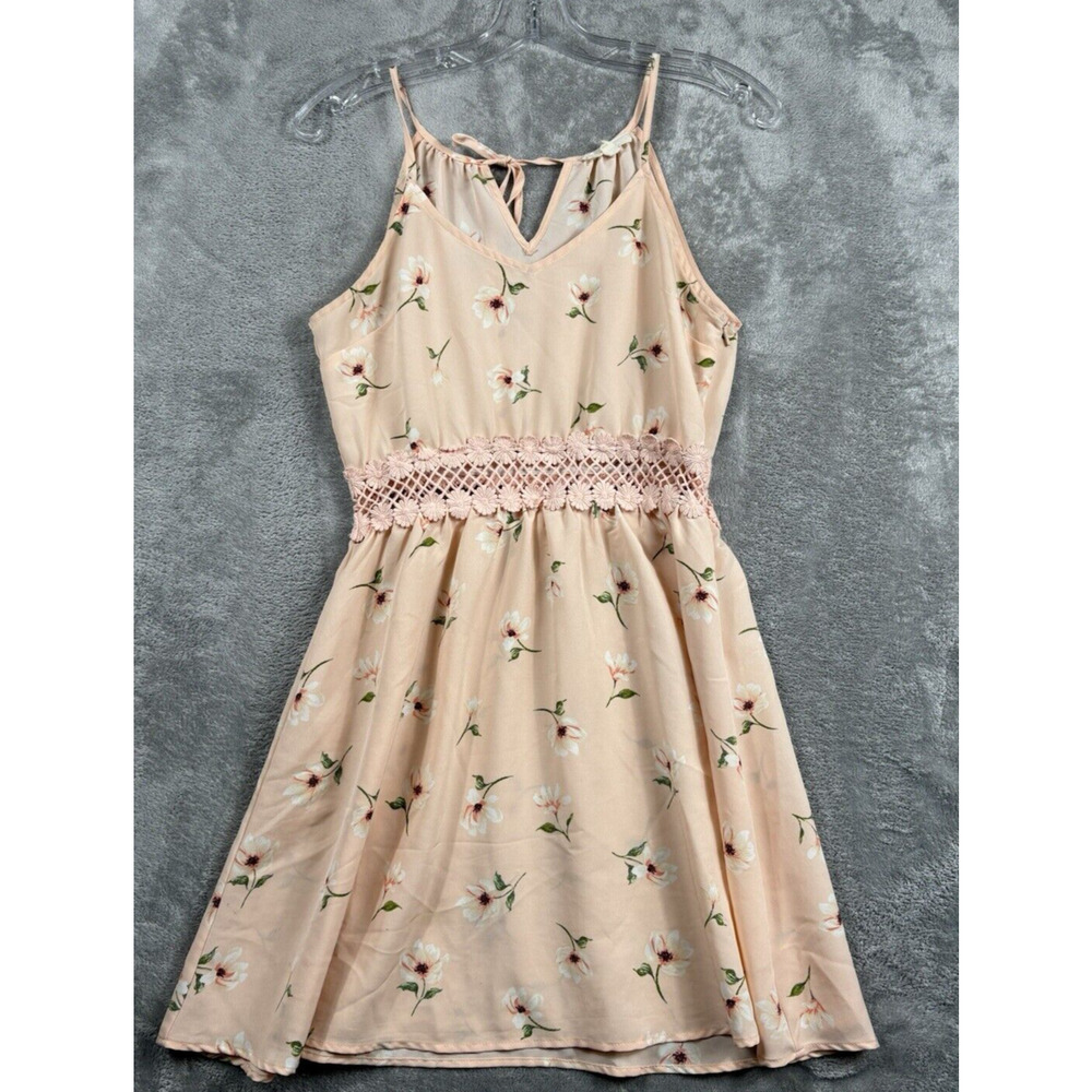 E&M Floral Lace Trim Spaghetti Strap Side Zip Tie Mini Dress SmallFemme Fatale